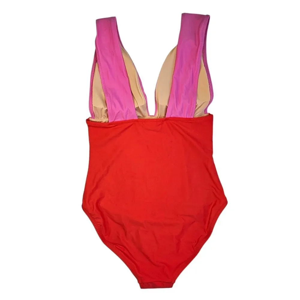 J. Crew Plunge V-Neck One-Piece Swimsuit Orange & Pink, Size M, Good Condition